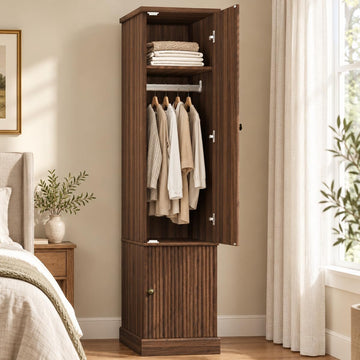 72" Tall Armoire Wardrobe Closet, Fluted Wood, Narrow, Retro Brown