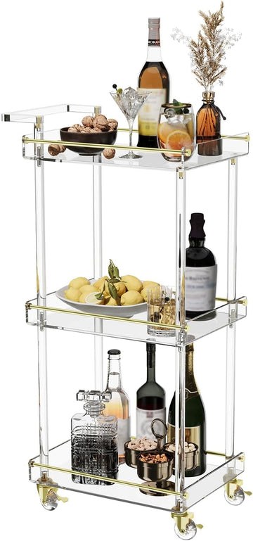Acrylic Bar Cart, Rolling Serving Cart with Gold Edge, Handle