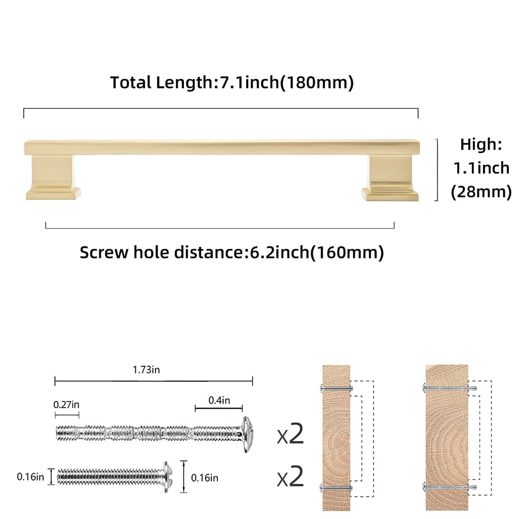 10 Pack 6-1/4Inch(160mm) Brushed Brass Cabinet Handles Gold Kitchen Cabinet Pulls Cabinet Door Handles Kitchen