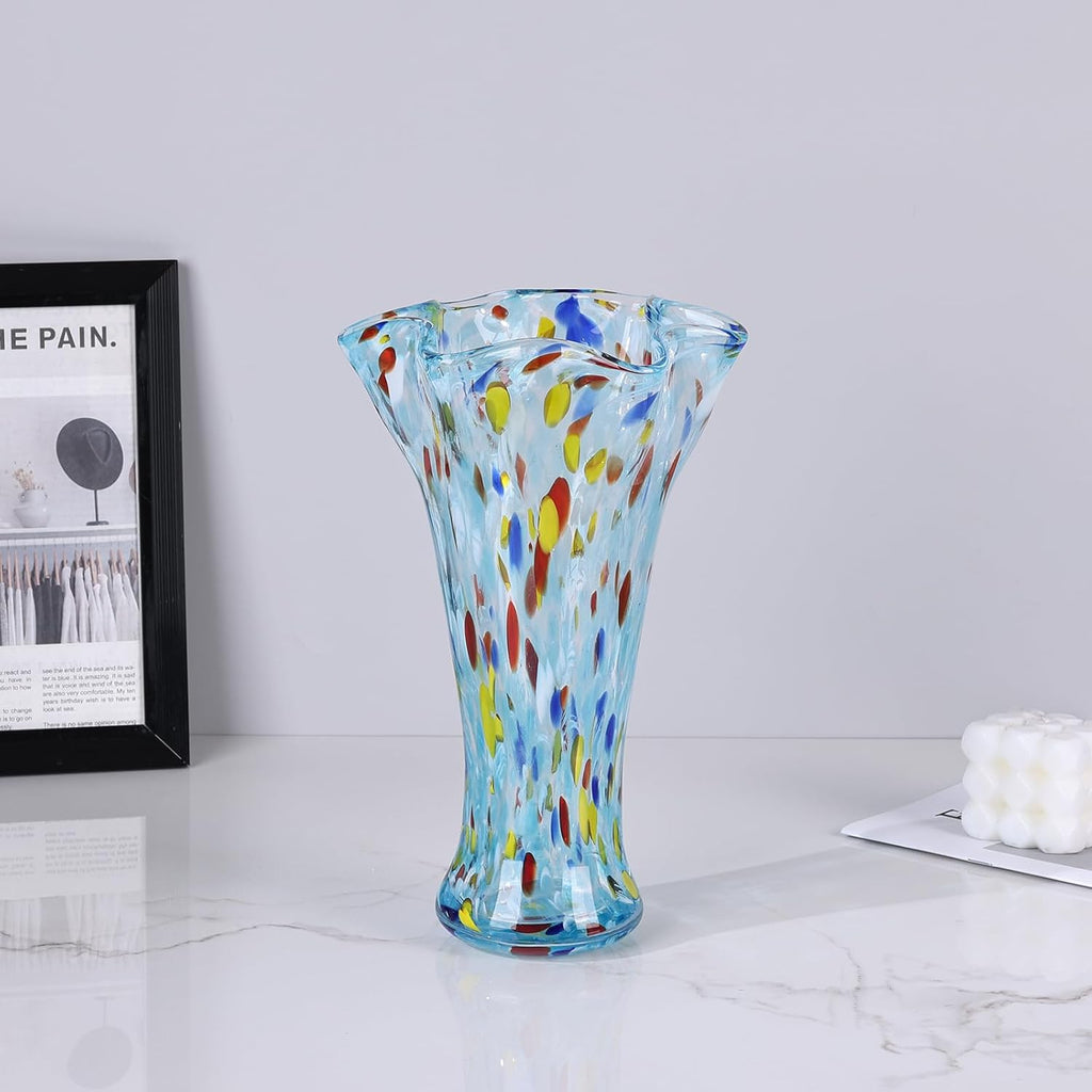 Hand Blown Glass Vase for Flowers, Murano Style Fluted Art Aqua Glass Vase, Wide Mouth Colorful Decorative Vase