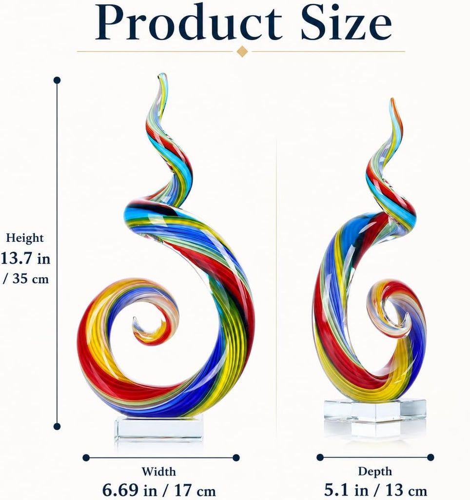 13.7" Colour Hand-Blown Art Glass Sculpture,Abstract Rainbow Swirl Style Sea Glass Statue and Figurine,Coastal Ocean
