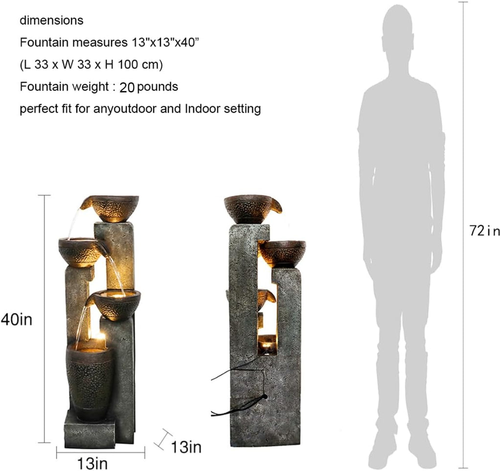 40''H Water Fountain Outdoor Decor, 4-Tier Crocks Fountains for Outsides with LED Lights, Indoor Waterfalls Fountain