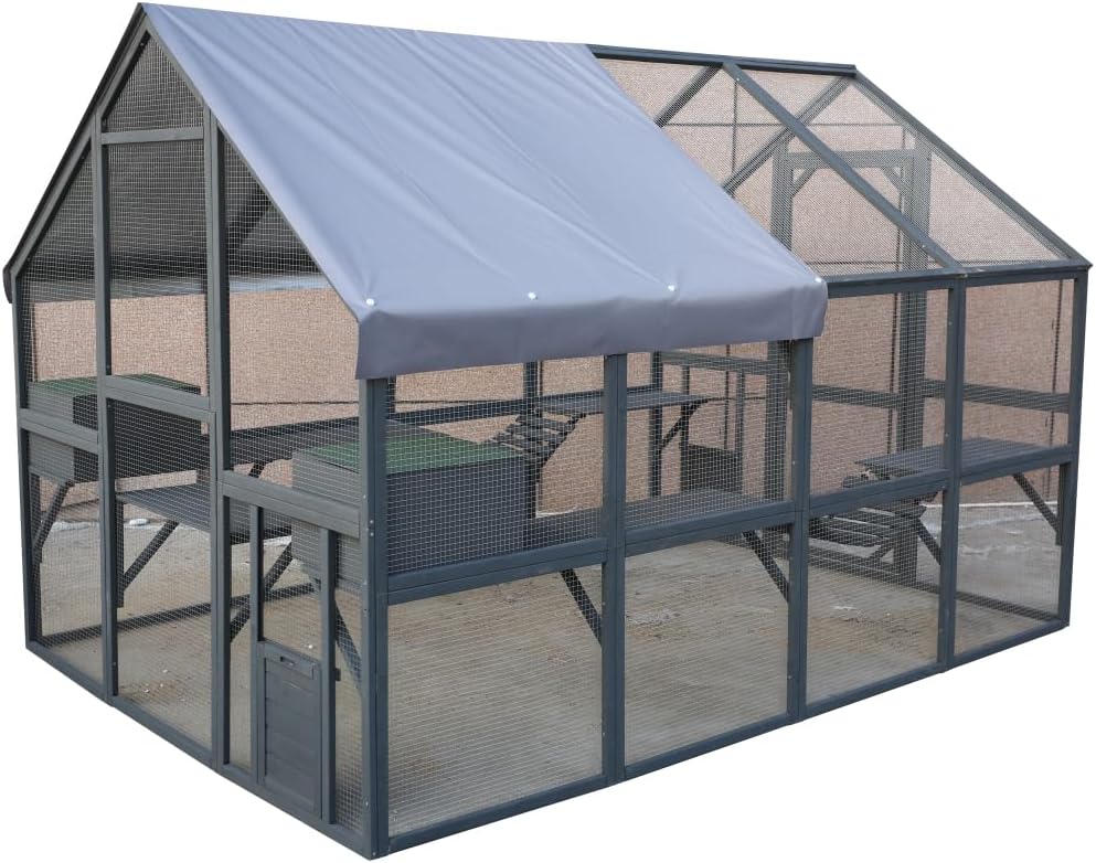 Large Wooden Cat Enclosure for Outdoor Use with Roof Cover, Bridges, Walkways and Cozy Houses for Cats to Play