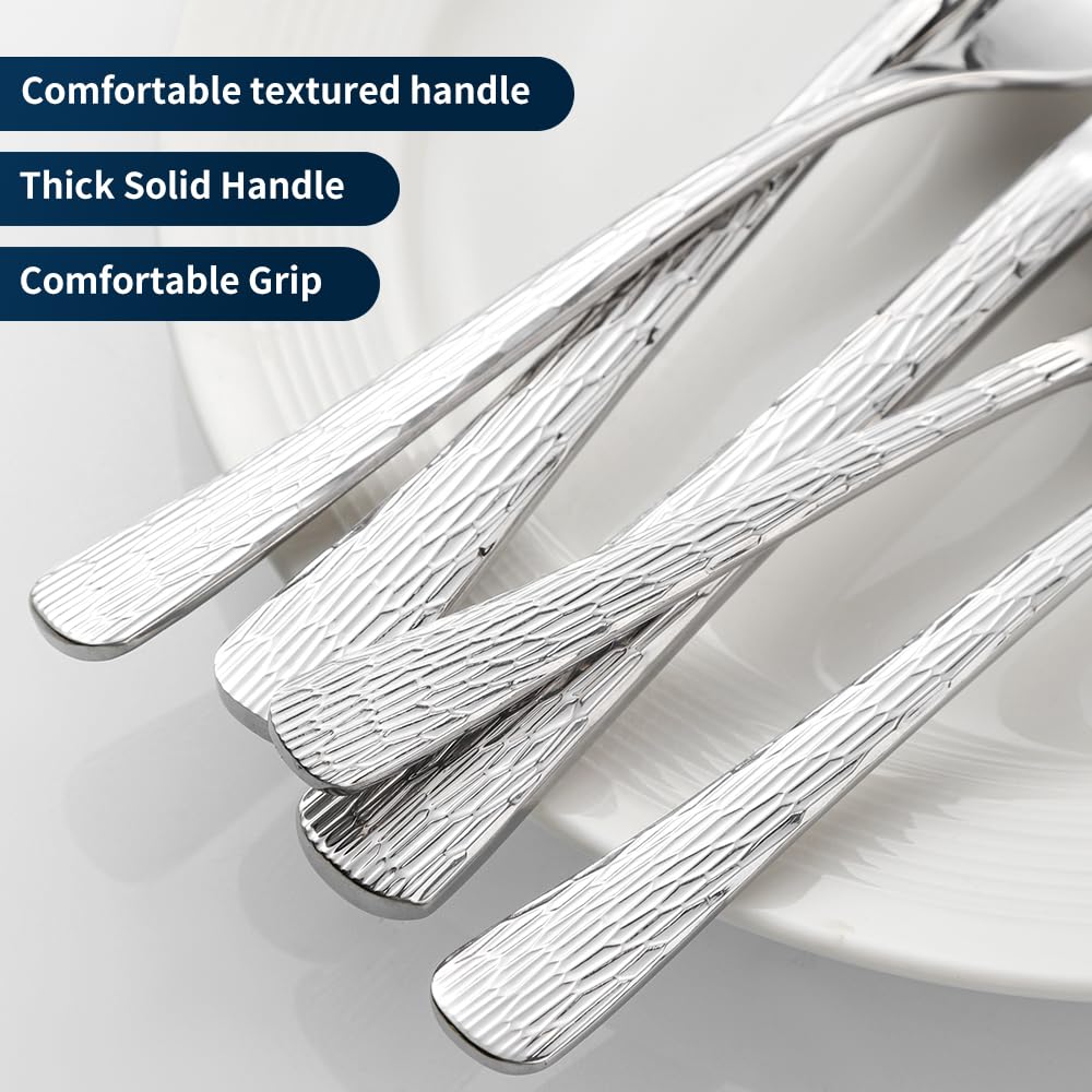 Black Hammered Silverware Set, Heavy Duty Flatware Set, 18/10 Stainless Steel Premium Cutlery with Unique Ripple