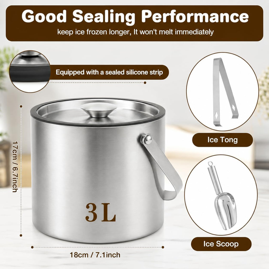 3L Double-Wall Stainless Steel Ice Bucket with Lid,Ice Scoop & Tongs,100oz - Set of 4