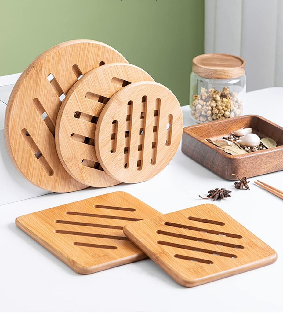 Bamboo Trivets with Dish Rack - Bamboo Trivet Mat Hot Pads Trivet for Hot Dishes, Pot, Bowl, Teapot - Set of 8