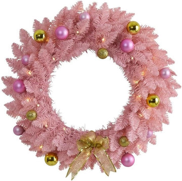 24" Pink Artificial Christmas Wreath with 35 LED Lights, Decorative Ornaments, Flocked Pastel Hue, Golden Bow