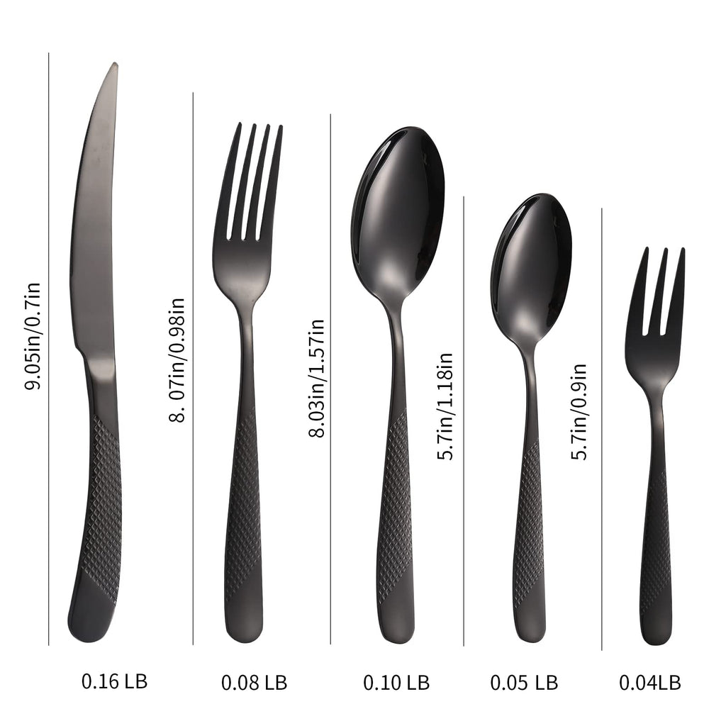 A·HOUSEWARE Black Silverware Hammered Flatware Kichen Stainless Steel Cutlery Set for 4 include Metallic Forks Knives