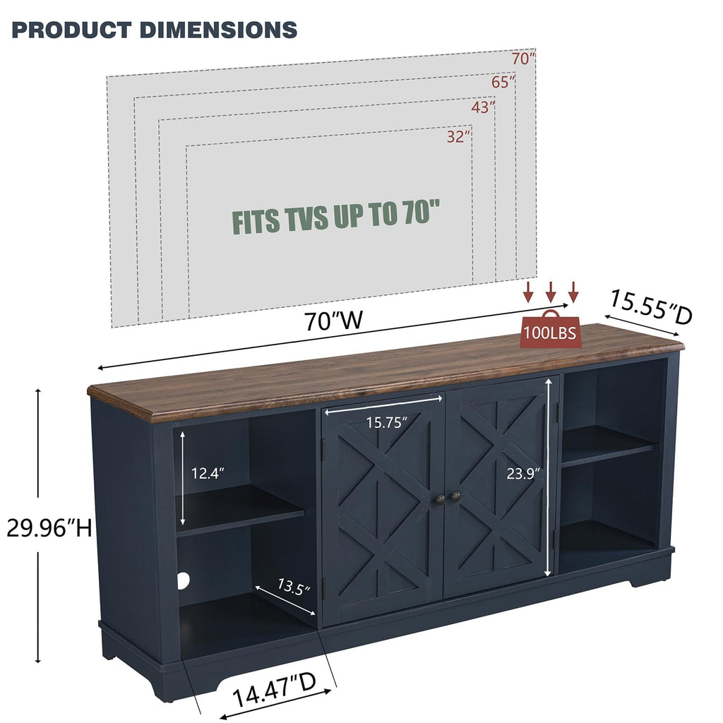 70 Inch Navy TV Stand, Farmhouse Rustic Media Console with Storage