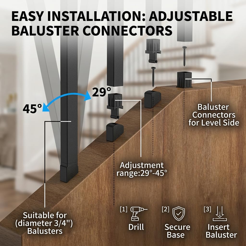 30 Pack 32" Stair Spindles, Black Square Aluminum Balusters with Flat & Adjustable Baluster Connectors, Metal Railing