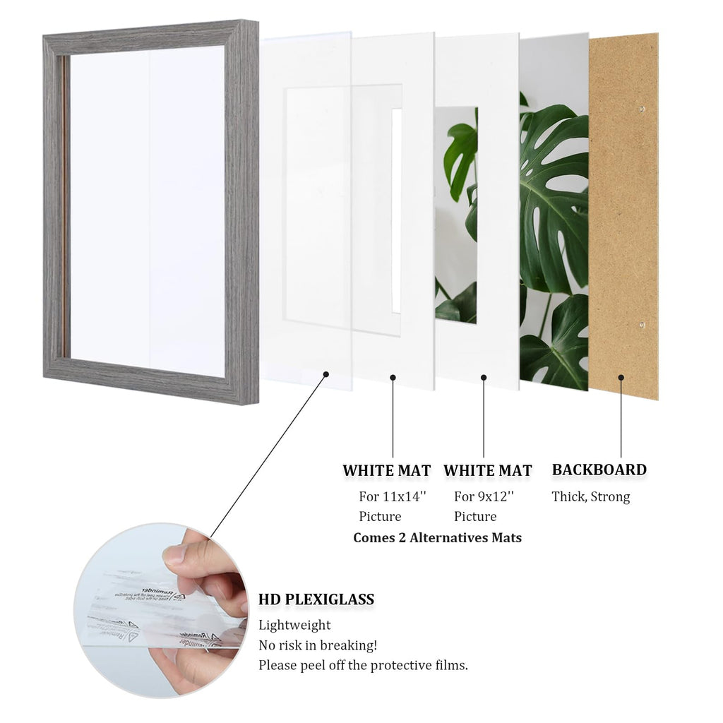12x16 Picture Frame Made of Solid Wood with Plexiglass, Display Pictures 9x12/11x14 with Mat or 12x16 Without Mat for