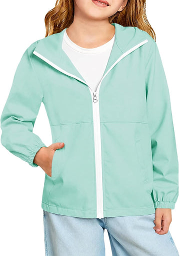 Girls Hooded Jackets Kids Waterproof Windbreaker Lightweight Rain Coats with Pockets