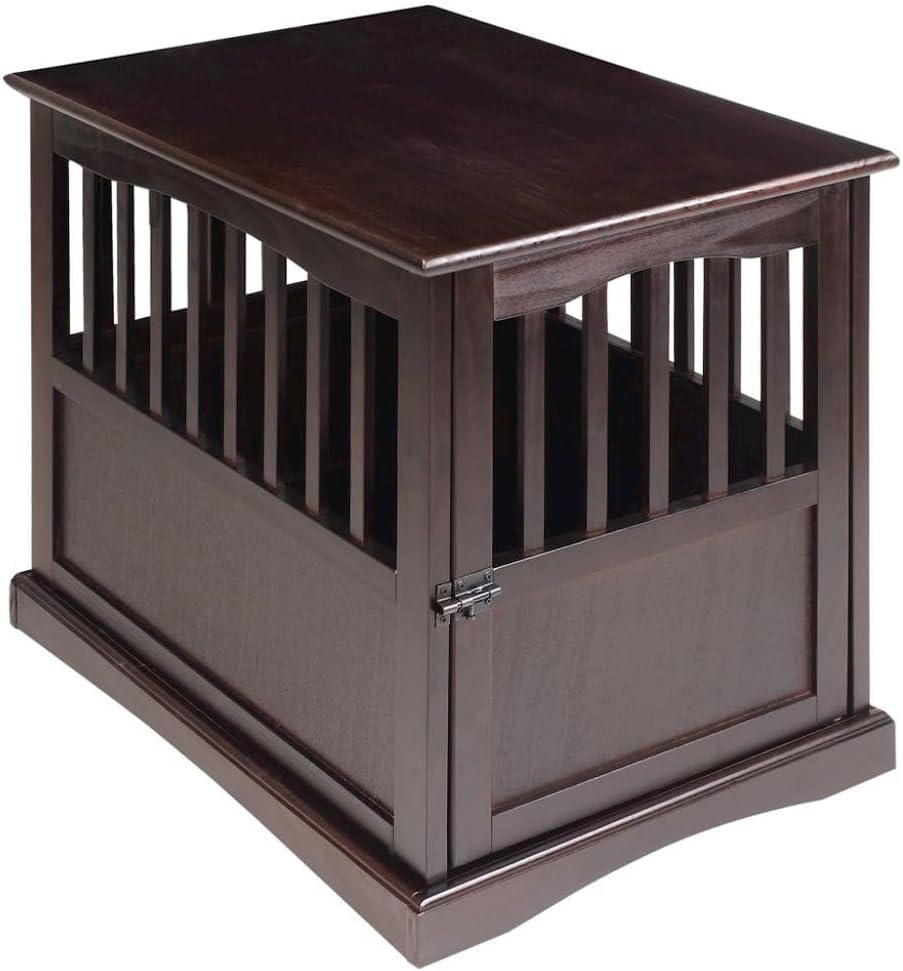 Brown Dog Crate End Table, Solid Wood Dog Furniture Crate with Lockable Gate, Stylish Dog Kennel Furniture for Indoor