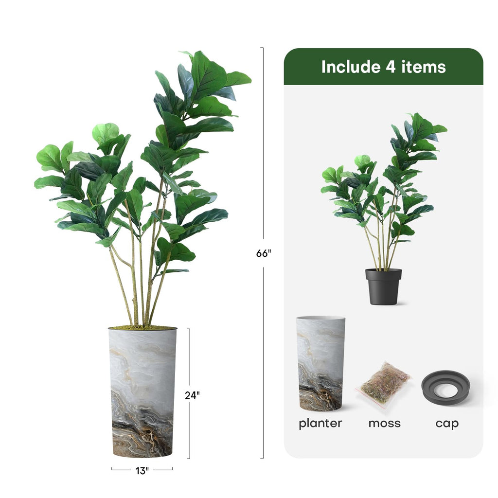 Artificial Tree in Modern Granite Effect Planter, Fake Ficus Lyrata Silk Tree for Indoor and Outdoor Home Decoration