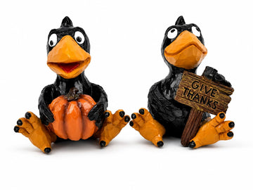 Set of 2 Thanksgiving Crow Figurines, Resin Fall Tabletop Decor with Pumpkin and Give Thanks Sign, Black Bird Shelf