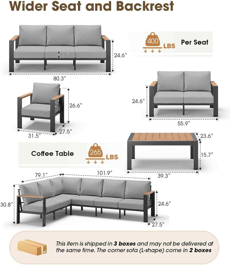 Aluminum Outdoor Patio Furniture Set 6 Seats, Outdoor Sectional Corner Sofa with Thick Waterproof Cushions & Coffee