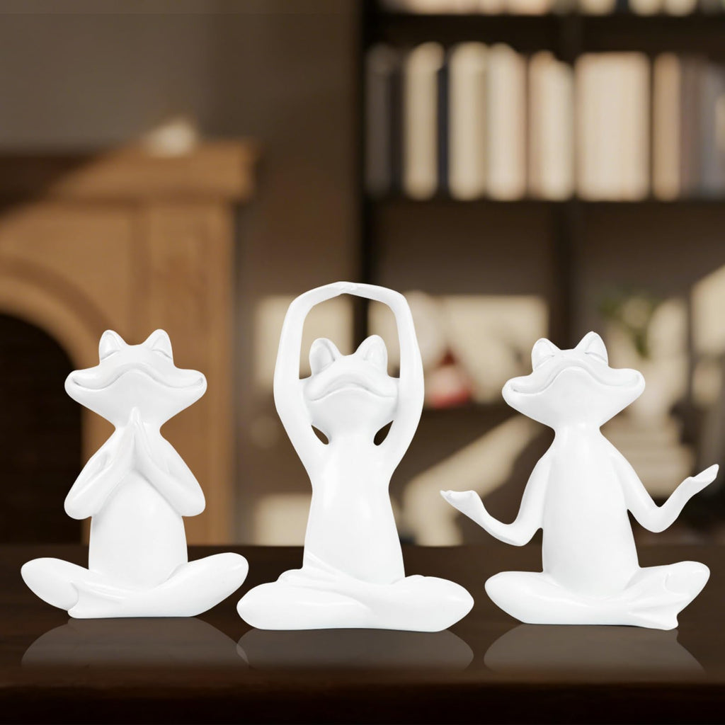 White Frog Yoga Figurines 3 Pcs, Modern Decor for Shelf, Desk, Office
