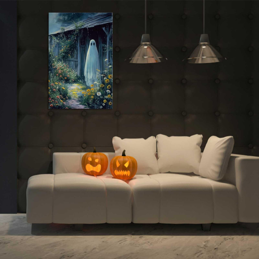 Retro White Ghost Posters Funny Cute Horror Scary Wall Art A Ghost Stands At The Door Of The House Prints Painting
