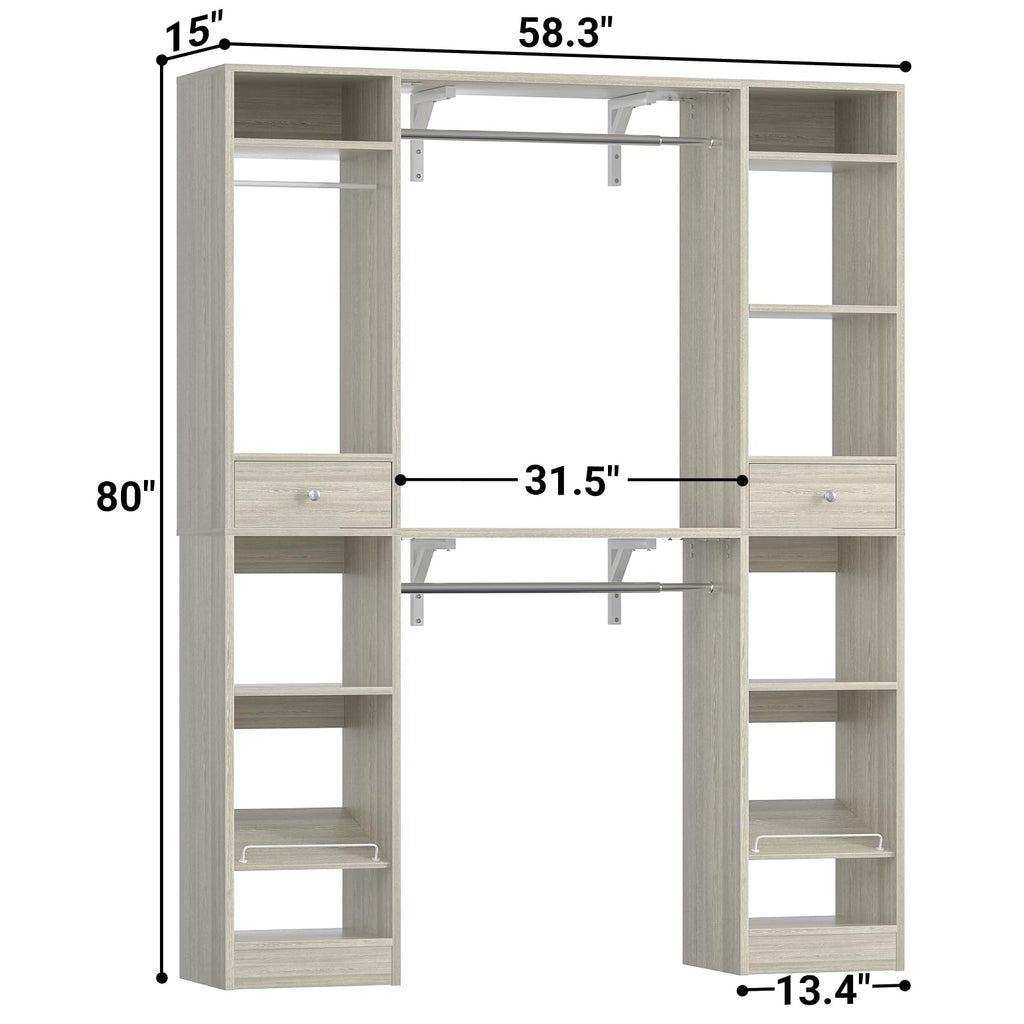 58" W - 90" W Closet System, Large Walk in Closet Organizer with 3 Hanging Rods and Shelves, Heavy Duty Wood Closet
