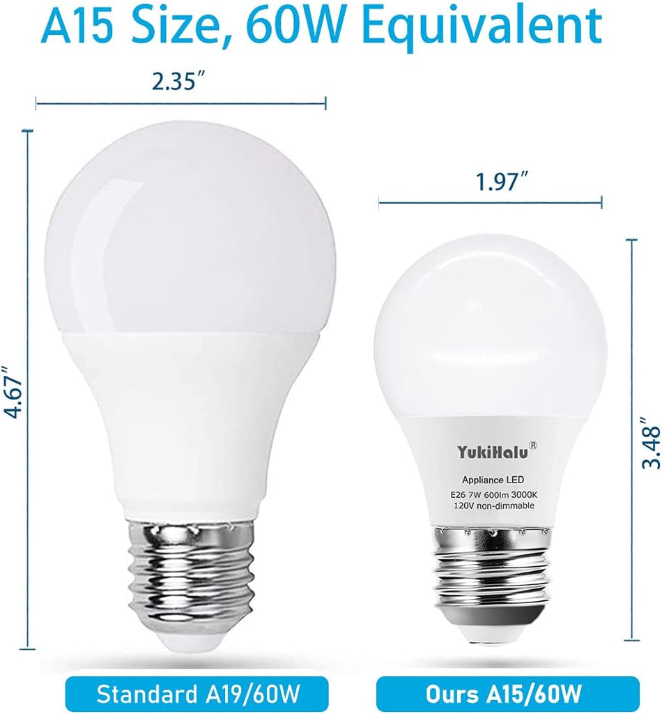 A15 Appliance Light Bulb, 60W Equivalent for Range Hood/Refrigerator Light Bulb/Ceiling Fan Light, 600 Lumens 7W 120V