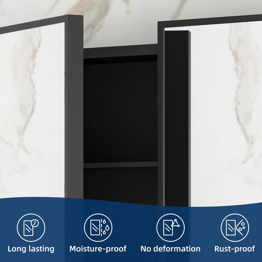 Bathroom Medicine Cabinet with Mirror 24 x 30 Inch, Black Medicine Cabinet Recessed or Surface Wall-Mounted, Mirrored
