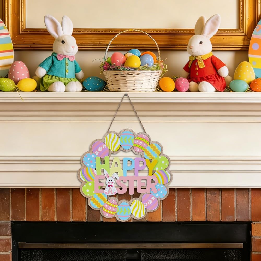 Easter Decorations, Wooden Bunny Eggs Wreaths for Front Door Sign, Happy Easter Wood Wall Signs Hanging Crafts Spring