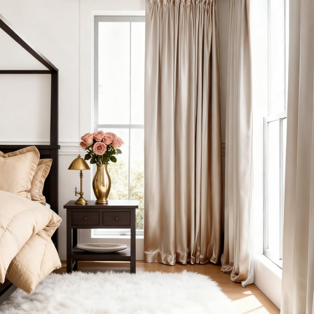 2 Panels Beige Faux Silk Blackout Luxury Curtains, 52 X 96 Inch Champagne Gold Room Darkening Satin Thermal Insulated