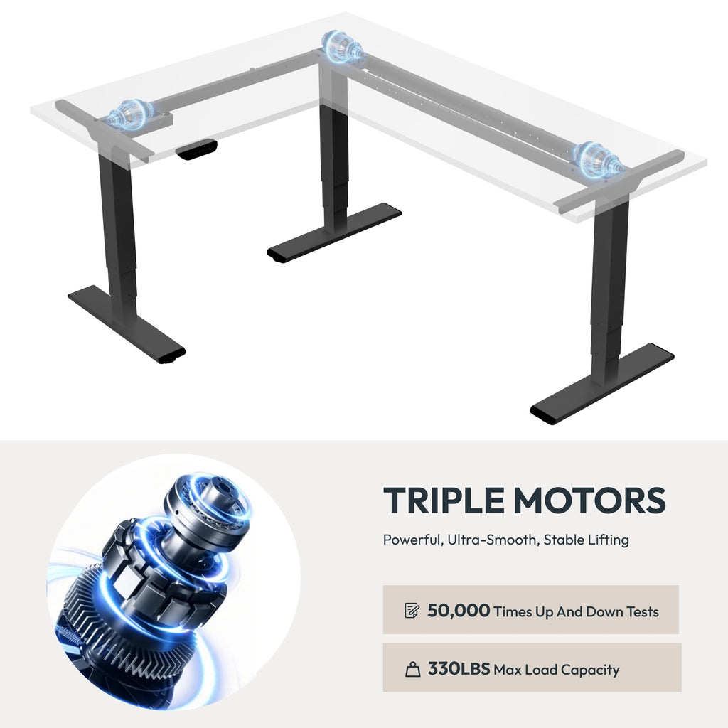 Triple Motor L-Shaped Standing Desk, 330 lbs, 63" x 47", Black