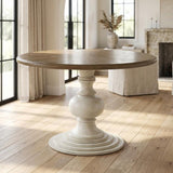 Brown Round Pedestal Dining Table with Wood Veneer and MDF Top, Ideal for Dining Room, Rustic or Modern Indoor Dining