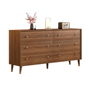 Mid Century Modern 6-Drawer Dresser, 55 Inch Solid Wood Frame Chest, Walnut