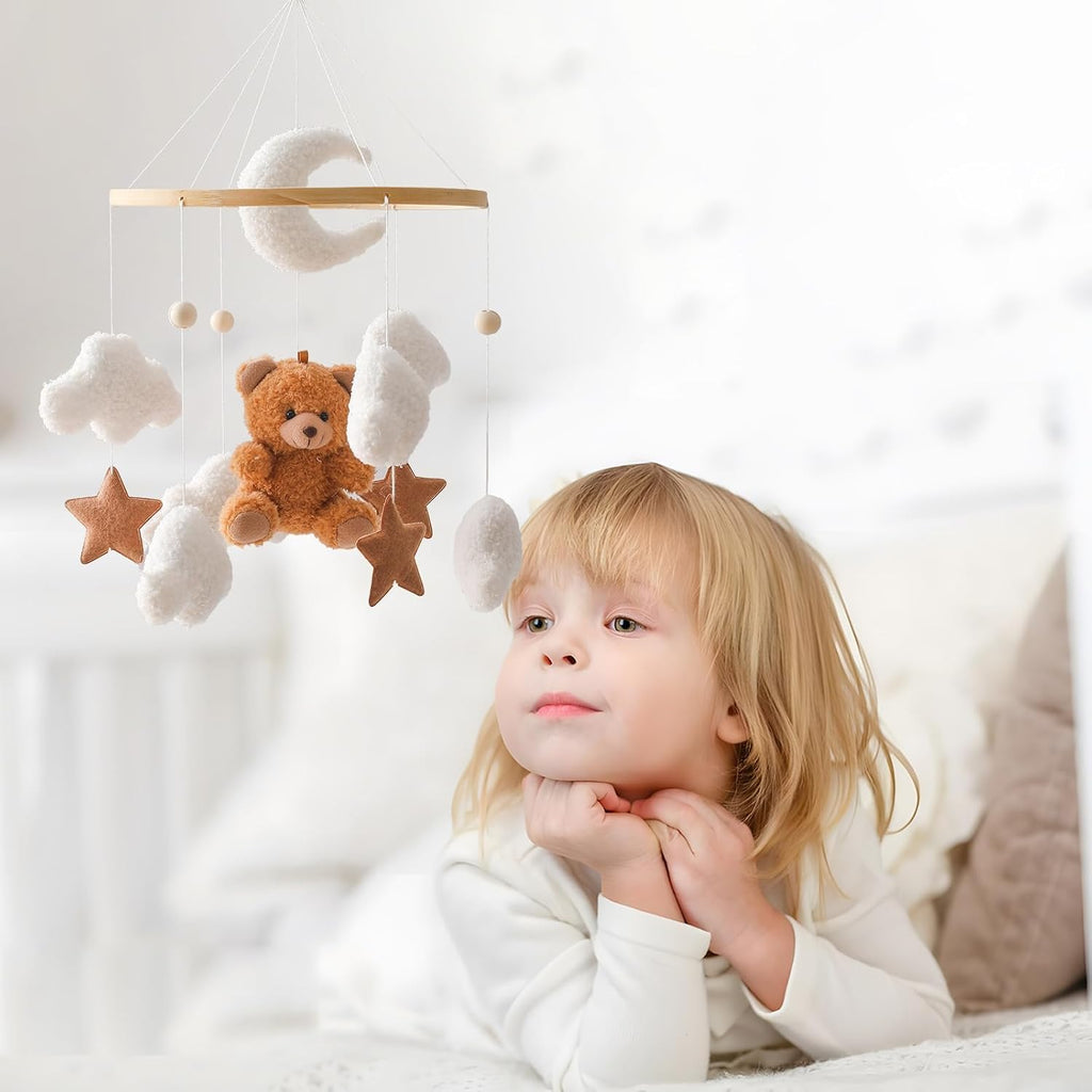 Baby Crib Mobile Bear Nursery Mobile for Boys Girls Teddy Velvet Mobile Nursery Decor for Infant Bedroom Hanging Baby