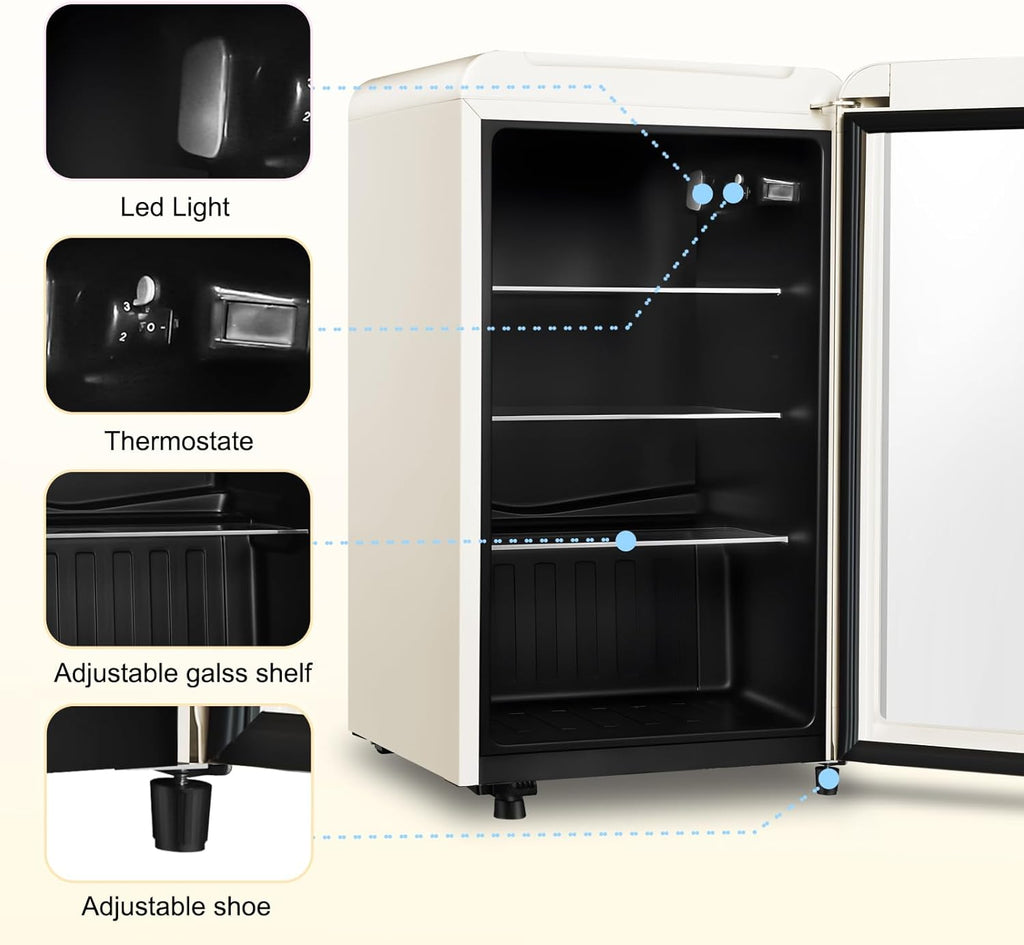 Retro Beverage Refrigerator, 3.2 Cu.Ft Mini Fridge with Glass Door, Vintage Free