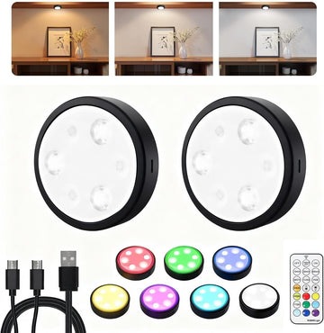 Puck Lights with Remote, 2000mAh Battery Operated Rechargeable Under Cabinet Lighting, 3 Color Temps & 7 RGB Colors