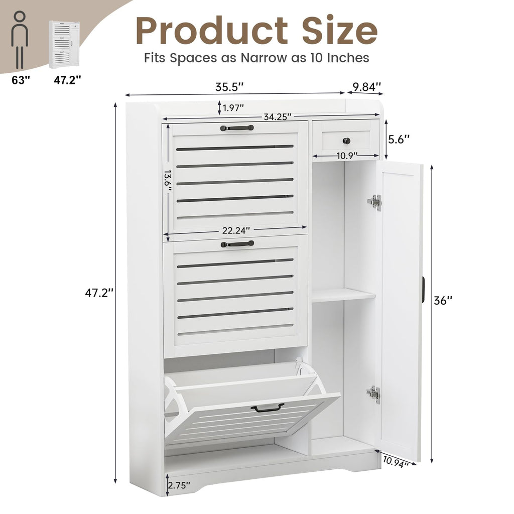 Shoe Storage Cabinet with 3 Flip Drawers, Freestanding Hidden Wooden Shoe Storage, Drawer & Adjustable Shelves, Slim
