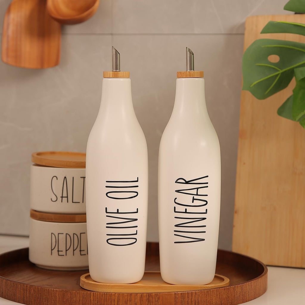 Olive Oil and Vinegar Dispenser Set, 16oz Ceramic Oil Dispenser Dispenser Bottle for EVOO Vinegar Syrups, Modern - Set of 2