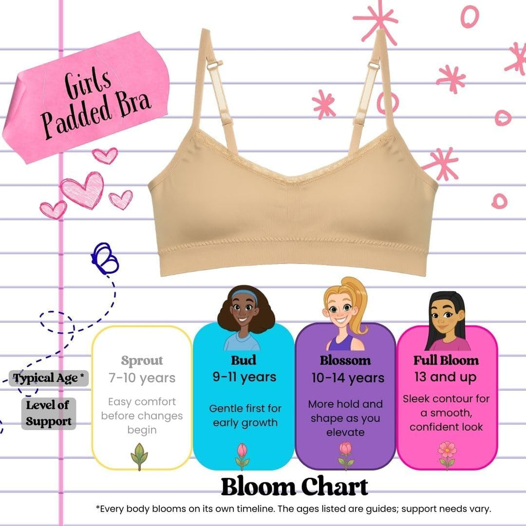 Girls Padded Training Bra Pack - Crop Cami Training Bras for Girls. Seamless Bra Design with Removable Padding