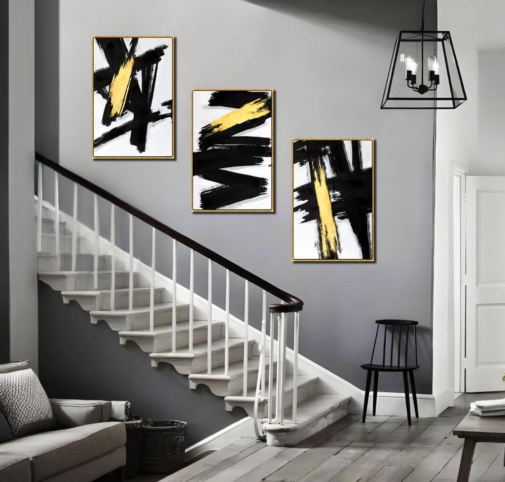 Gold Framed Black and Gold Abstract Canvas Wall Art Prints 3D Textured Black Brushstrokes Painting with Gold Foil