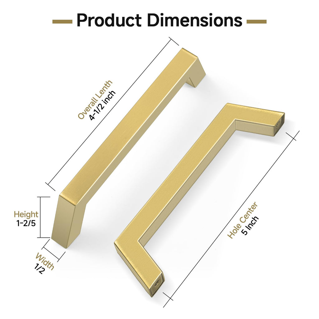 10 Pack 5 Inch Gold Cabinet Handles Brushed Brass Cabinet Pulls, Stainless Steel Kitchen Cabinet Handles Square Pulls