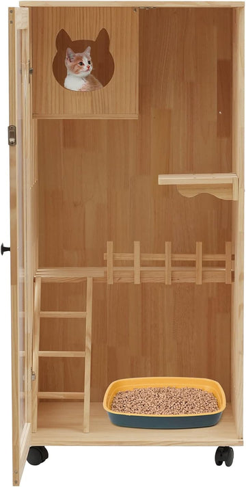 Wooden Cat House Large Space, Cat House Catio Outdoor Cat Enclosure Wooden Cage Large Cat Cage with Wheels, Clear