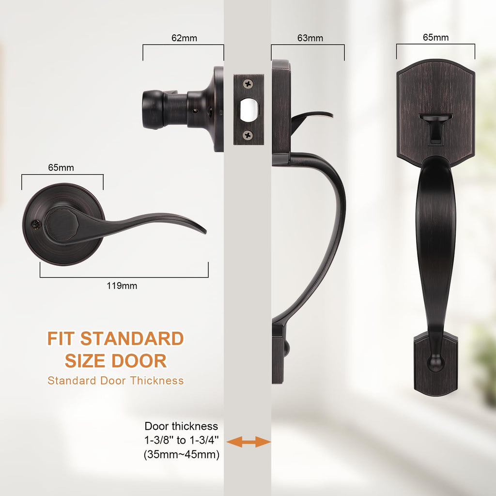 Front Door Handle Set,Entry Door Handleset,No Lock Reversible Lever,Oil Rubbed Bronze Exterior Door Lock,Heavy Duty