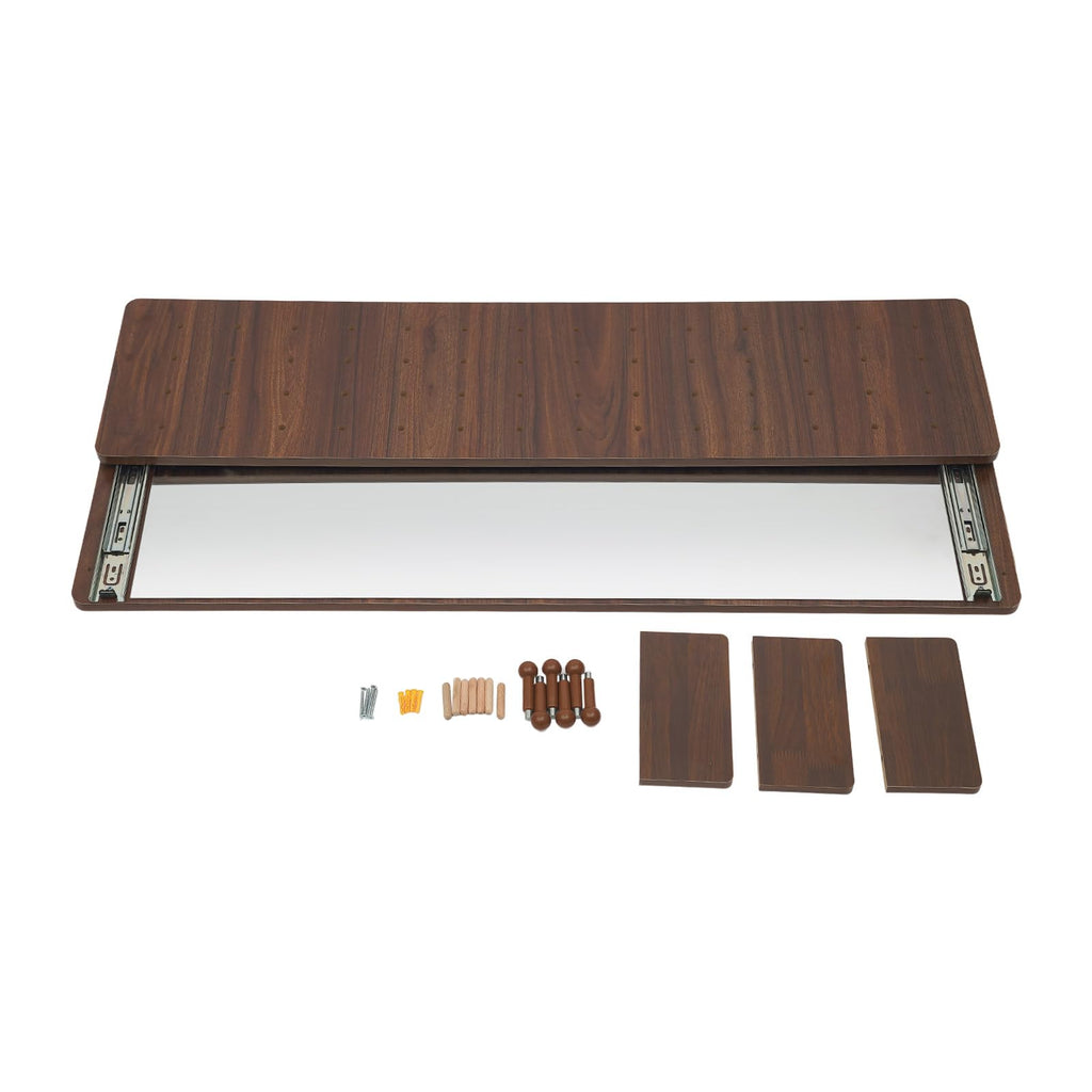 Hide Wall Mounted Mirror,Full Length Mirror with Shelf and Hooks,Space Saving Sliding Pegboard Wood Looking Glass