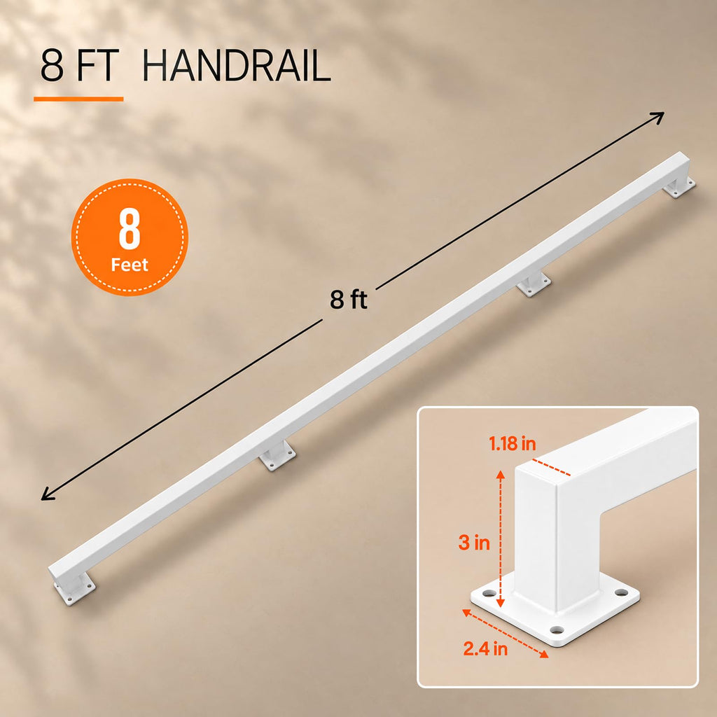 8FT Handrails for Stairs Indoor Outdoor, Step Railing Wall Mounted with Matte Black Finish, Industrial Pipe Hand