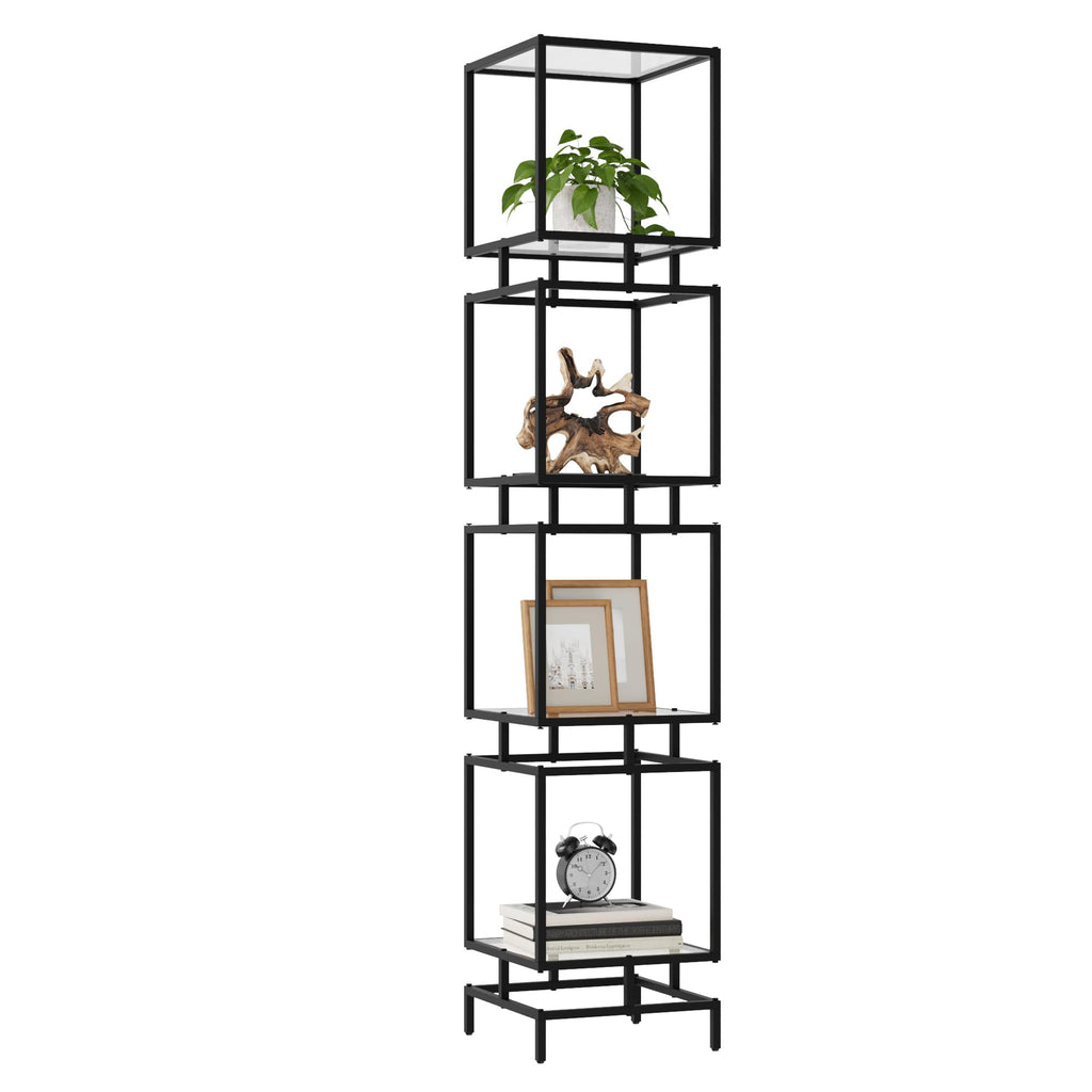 4 Cube Glass Shelf, 4-Tier Bookshelf, Display Shelf Rack, Metal Storage Rack with Tempered Glass, Modern Style, Black