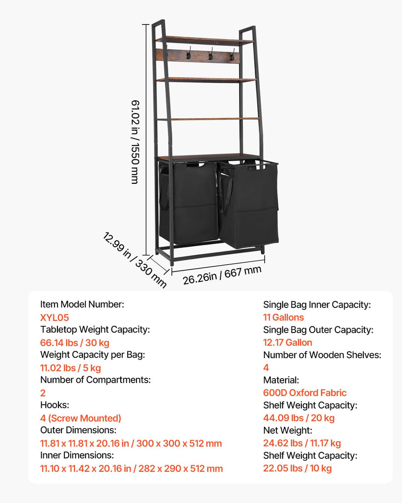 4 Tiers Laundry Sorter, Tall Laundry Hamper with Shelves and Hooks, 2 Section Freestanding Basket Organizer Storage