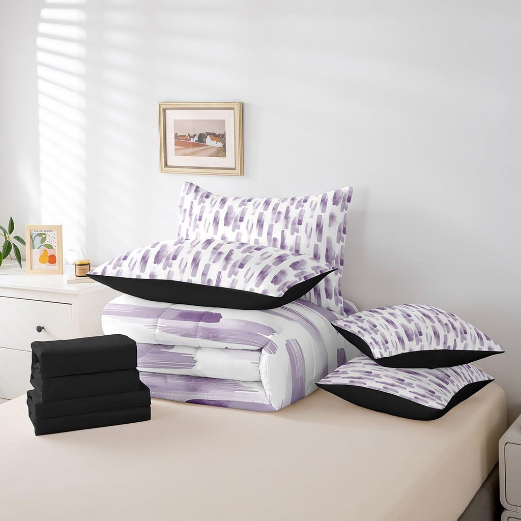 7Pcs Violet Gradient Abstract Comforter Set Queen, Purple Geometric Striped Bed in A Bag for Women Men, Ink Ombre