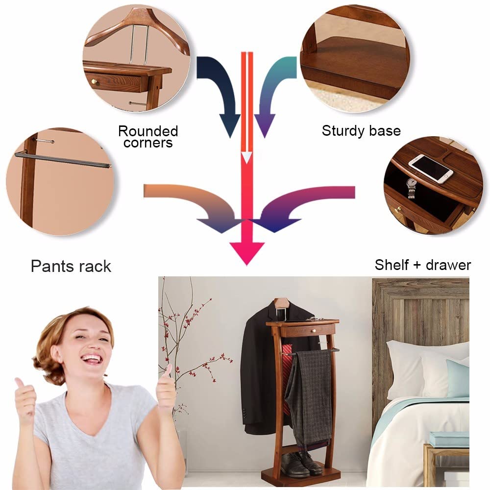 Suit Valet Stand with Tray, Wood Valet Stand for Men, Floor Standing Clothes Valet Stand, Valet Stand Living Room Bed