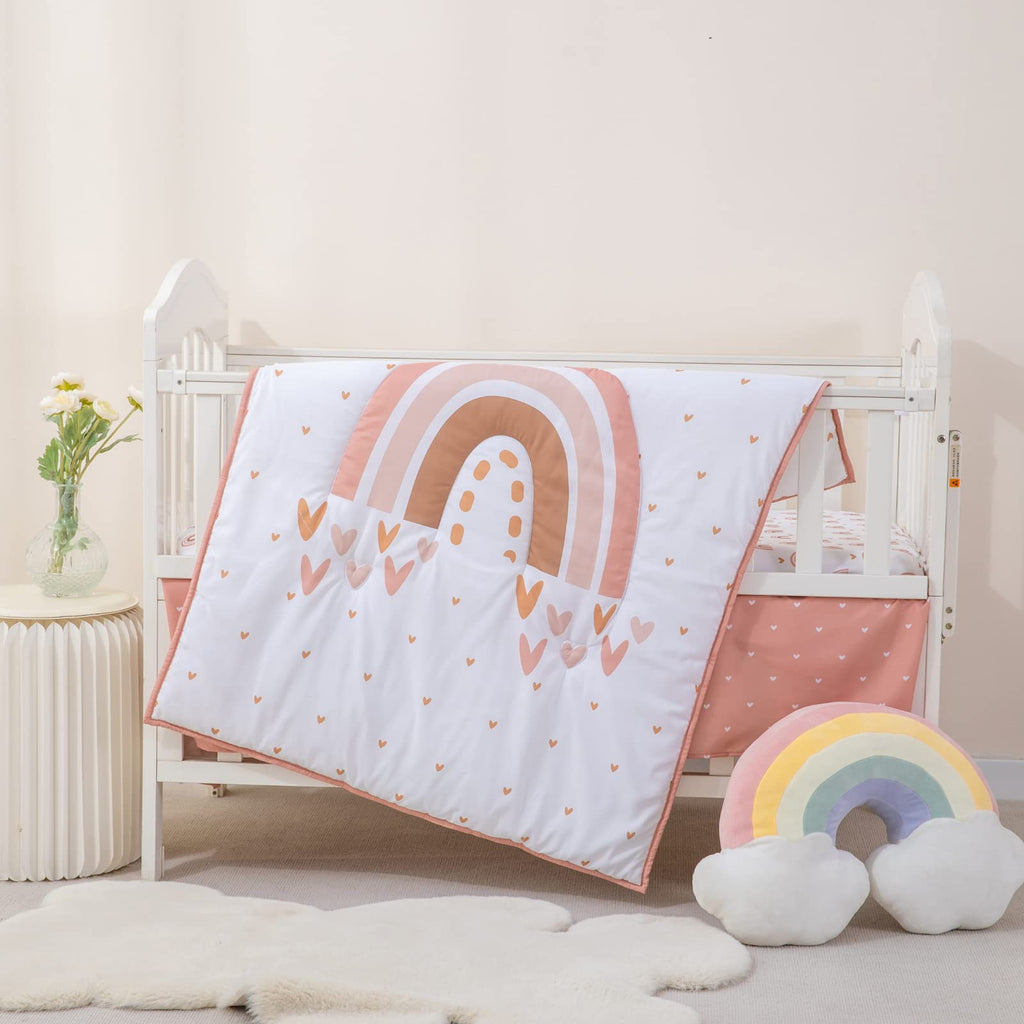 3 Piece Rainbow Boho Crib Bedding Set - Standard Size Nursery Bedding for Boys and Girls with Crib Sheet, Comforter &