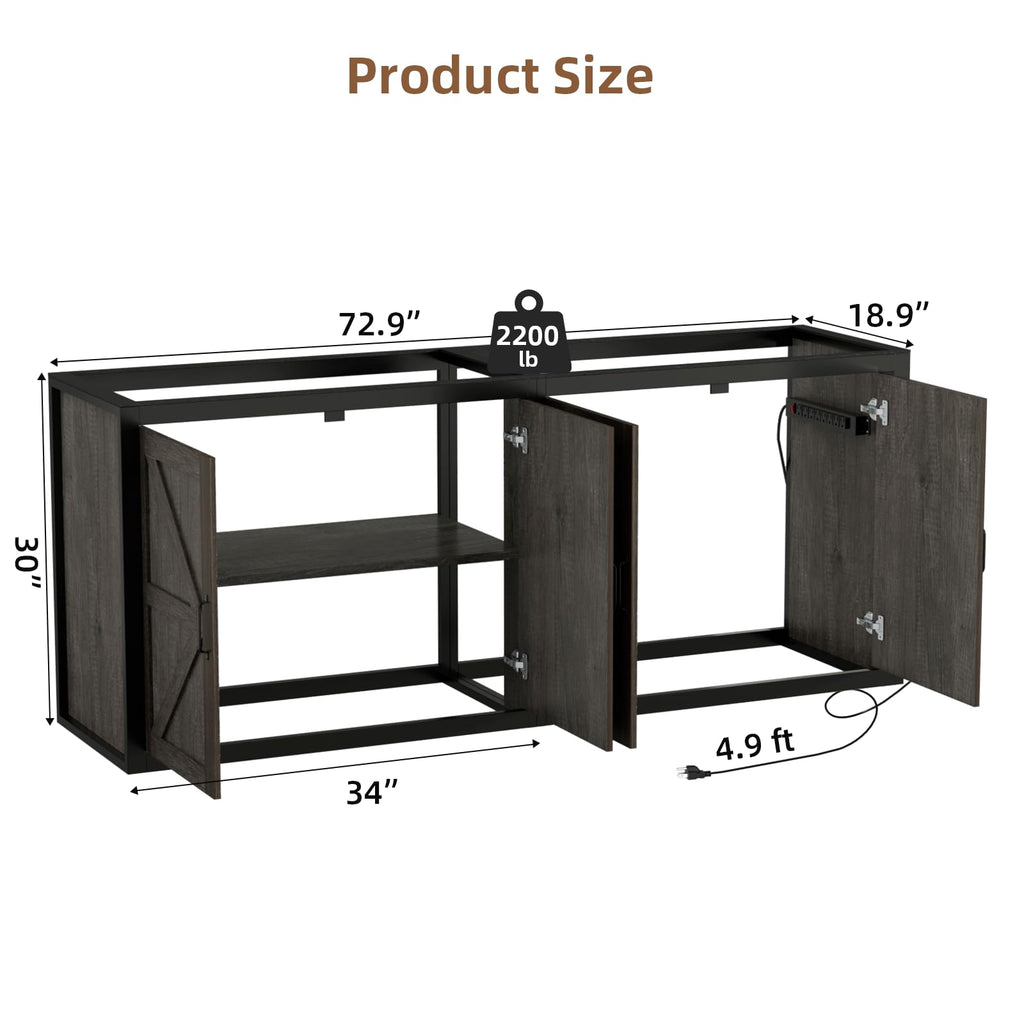 125-150 Gallon Fish Tank Stand with Power Outlet & Cabinet, Grey