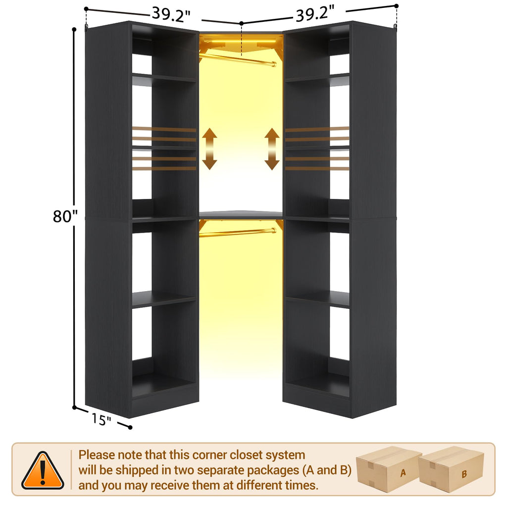 Corner Closet System with 2 Motion Sensor Lights, 39.2" Corner Closet Organizer with 12 Shelves, Closet Corner with 2