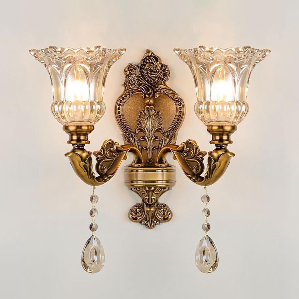 Vintage Glass Wall Sconce, Elegant Brass Wall Light, Crystal Floral Bedside Wall Lamp, Wall Mounted Lamp for